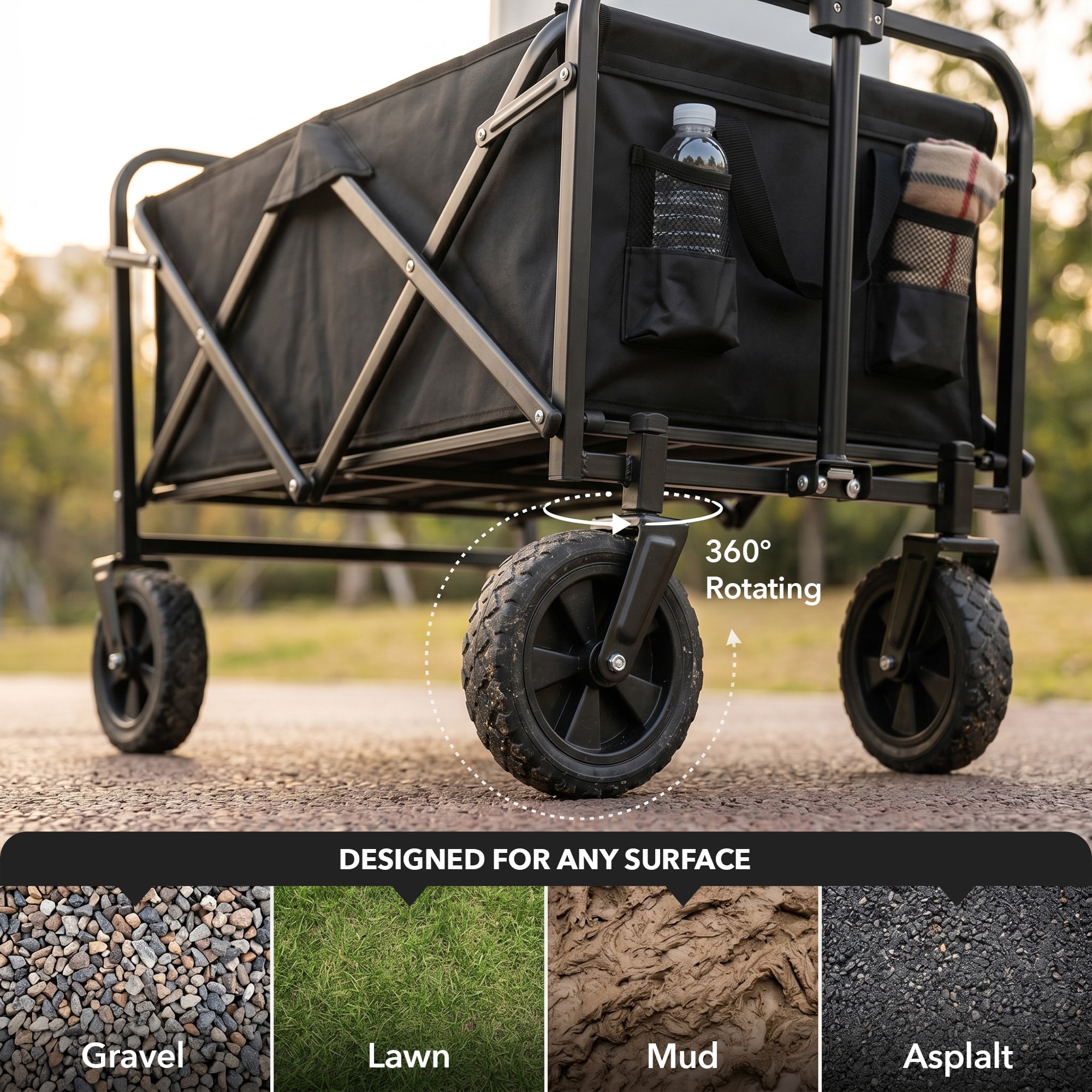 OVENTE Collapsible Foldable Wagon, 220lbs Weight Capacity, Black WFU011B | Heavy-Duty Fabric and Metal Frame, Portable Folding Utility Cart for Grocery Shopping, Outdoor Sports, Beach and Camping