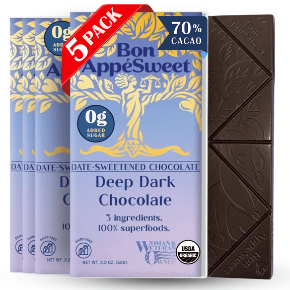 Bon Appesweet Date Sweetened Chocolate Bar - Deep Dark Chocolate | 2.2 Ounce (Pack of 5) | Organic, Zero Added Sugar, 70% Cacao, Plant Based, Dairy Free, and Guilt Free!
