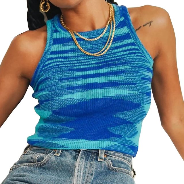Top corto de punto para mujer sin mangas con hombros descubiertos Y2K Cami Basic Casual Vintage tie-dye cuello redondo Racerback Tank Tops Ormromra