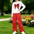 thumbnail image 3 of Iyufng 2 Piece Outfits for Girls Bow Printed Long Sleeve T-Shirt and Cargo Pants, Girls Summer Casual Two Piece Sets, Size 5-15 Years, 3 of 7