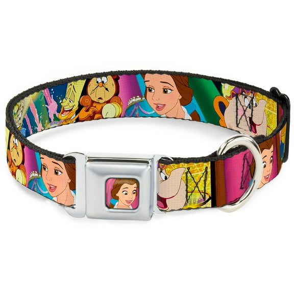 Disney Pet Collar, Dog Collar Metal Seatbelt Buckle, Beauty the Beast Be Our Guest Scenes, 11 to 16.5 Inches 1.0 Inch Wide