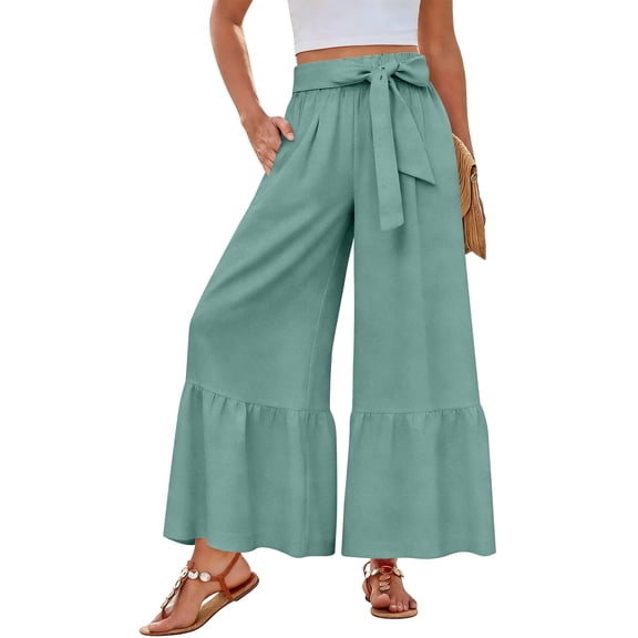 Dresfit Palazzo Pants Women Wide Leg Linen Business Pant Summer 2026 Flowy Stretch Slacks Lounge Loose Beach Trousers with Pockets Turquoise 2XL