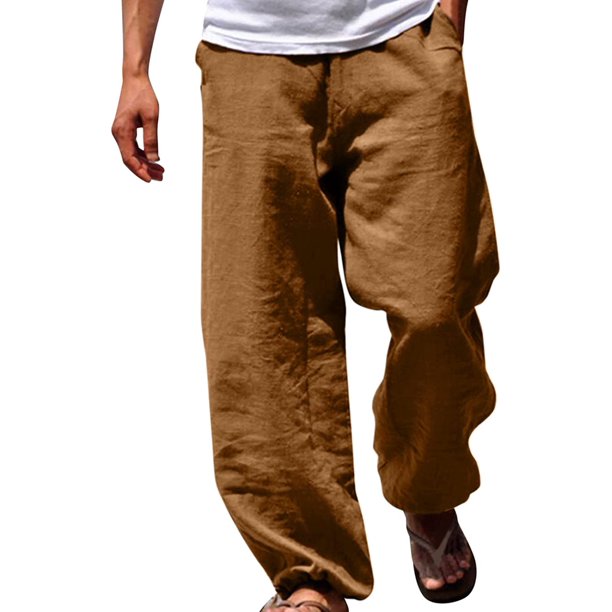 Pantalones casuales de lino para hombre, color sólido, sueltos, pierna ancha, talla grande, cintura baja, cordón elástico, para verano, playa, yoga marrón 2XL marrón 2XL Xishao ropa