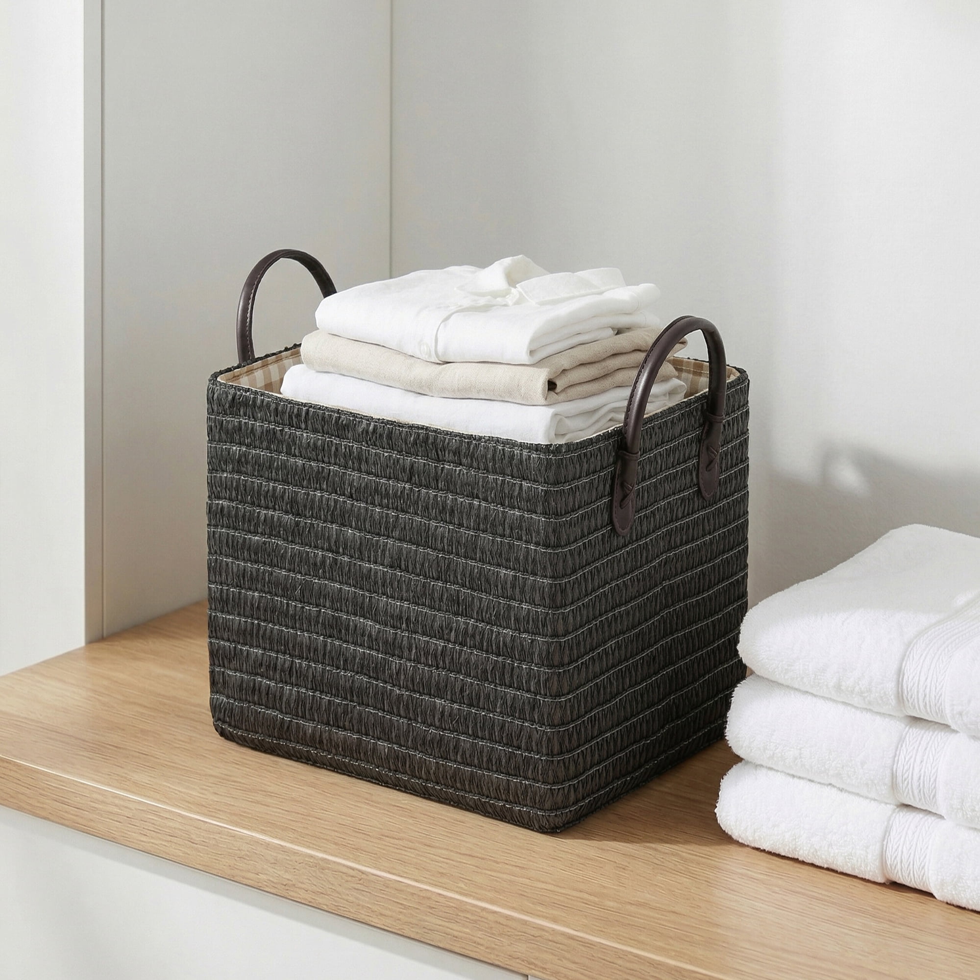 Unique Bargains Compactable Woven Storage Basket Storage Bin Black 11.8*9.1*11.4in