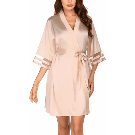 

Wish Women s Satin Robe Lightweight Kimono Bathrobe Bell Sleeve Bridesmaid Bride Party Robes ----- Apricot （Size M） S2732