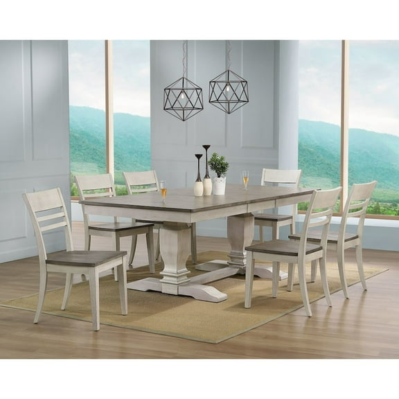 Iconic Furniture RT82-TR-CH63ASHSTW7 42 x 64 x 82 in. Double Pedestal Transitional Dining Set with Ash & Stormy White Finish - 7 Piece