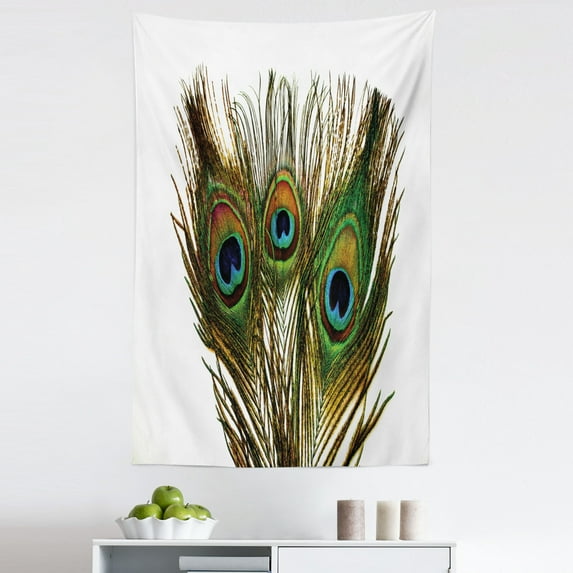 Feather Tapestry, Close up Photo of Peacock Feather on a Plain Background Boho Themed Print, Fabric Wall Hanging Decor for Bedroom Living Room Dorm, 5 Sizes, Fawn and Multicolor, by Ambesonne