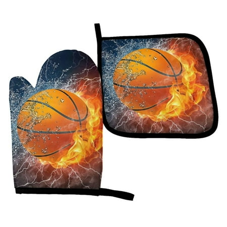 

Basketball Oven Mitts & Pot Holders Fire Ball Sport Pattern Kitchen Heat Resistant Non-Slip Potholders Set for Cooking Baking Gifts Pack of 2 C48
