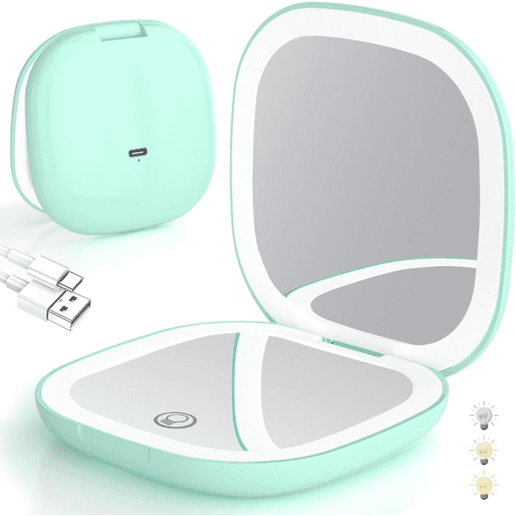 HTSQYL Lighted Travel Makeup Mirror with Light and Magnification, 1X/10X Magnification Rechargeable Compact Mirror with Three-Color Adjustable Light, Led Mini Mirror for Purse - Green