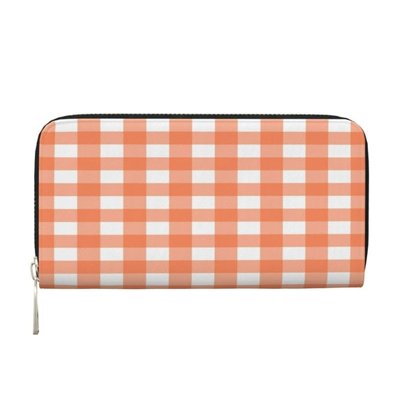 Leather Zipper Pocket Hand Wallet For Women And Men Travel Leather Purse Large Capacity Credit Card Holder Orange Gingham