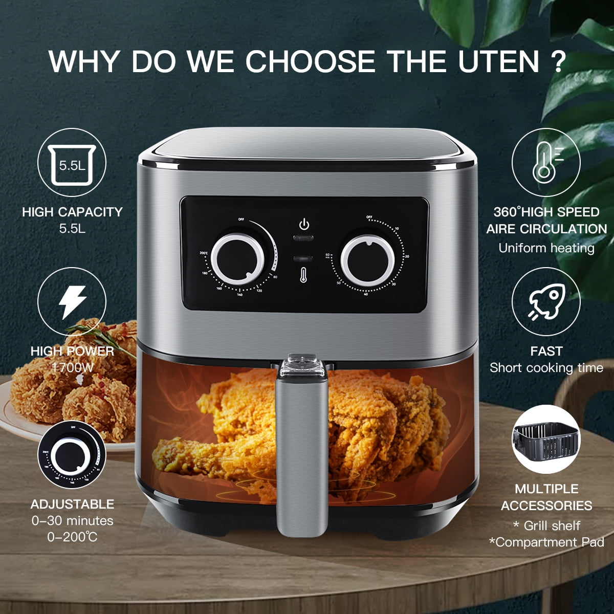 Uten 5.8 Qt Air Fryer Toaster Oven, 1700W 8-in-1 Air Fryer with Electric Knob Control, Adjustable Timer & Temperature, Nonstick Basket for Roast Bake Reheat, Easy Clean Compact, Black