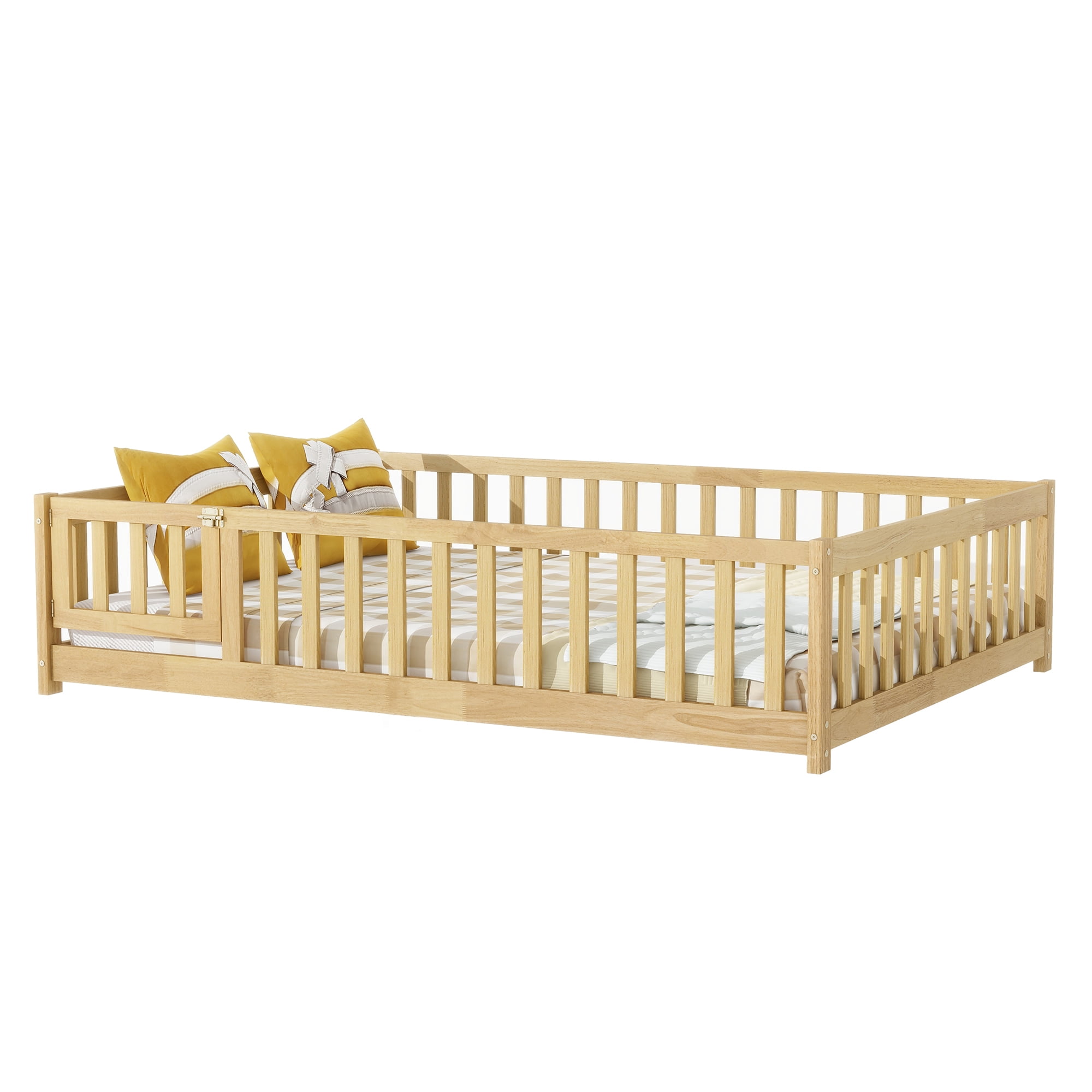 Twin Size Rubber Wood Floor Bed with Fence & Door, Montessori Floor Bed with Safety Guardrails, Natural Finish, No Box Spring Needed