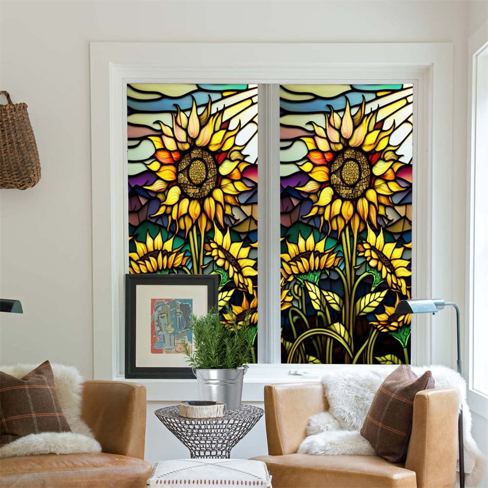 Danolapsi Glass Window Film For Removable Uv Blocking Heat,Insulation Privacy Tint Non-Adhesive Static Cling Coverings,Colorful Sunflower Stained Glass Decals Windows Stickers