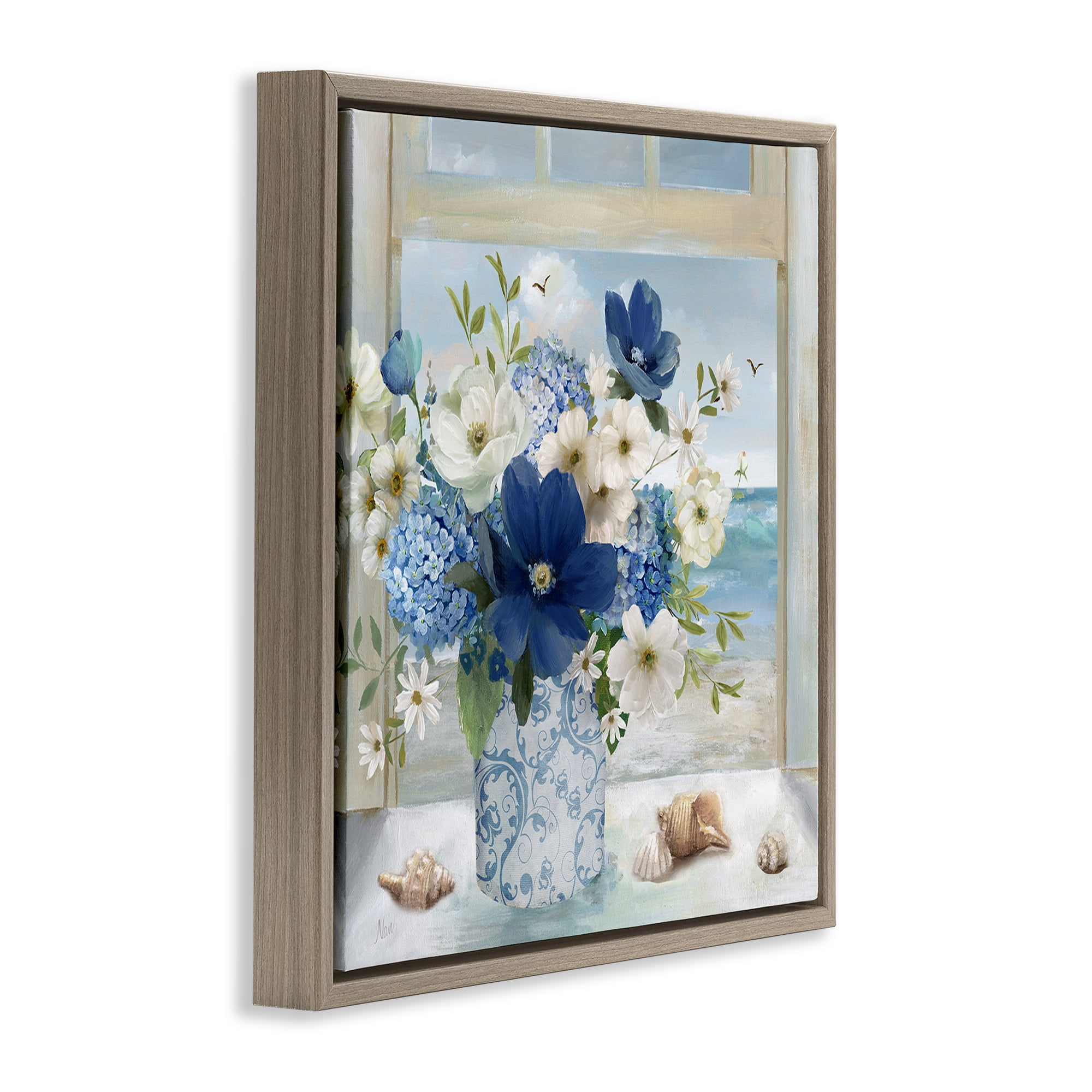 Stupell Industries Seaside Blue & White Arrangement Brown Framed Floater Canvas Wall Art, design by Nan