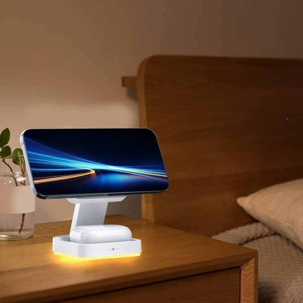 Cargador inalámbrico plegable, 15W, magnético, 3 en 1, luz LED, Blanco