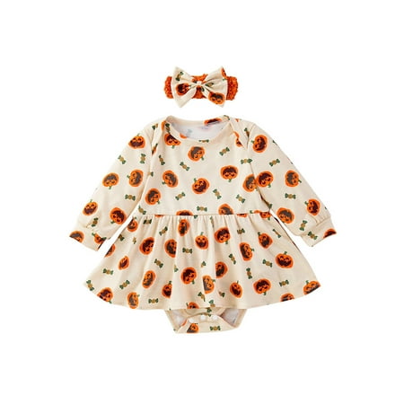 

aturustex Halloween Clothes for Baby Girls 1M-18M Infant Long Sleeve Romper Dress Crew Neck Pumpkin Print Bodysuits Dress with Headband Newborn Little Girl Fashion Cute Casual Outfits