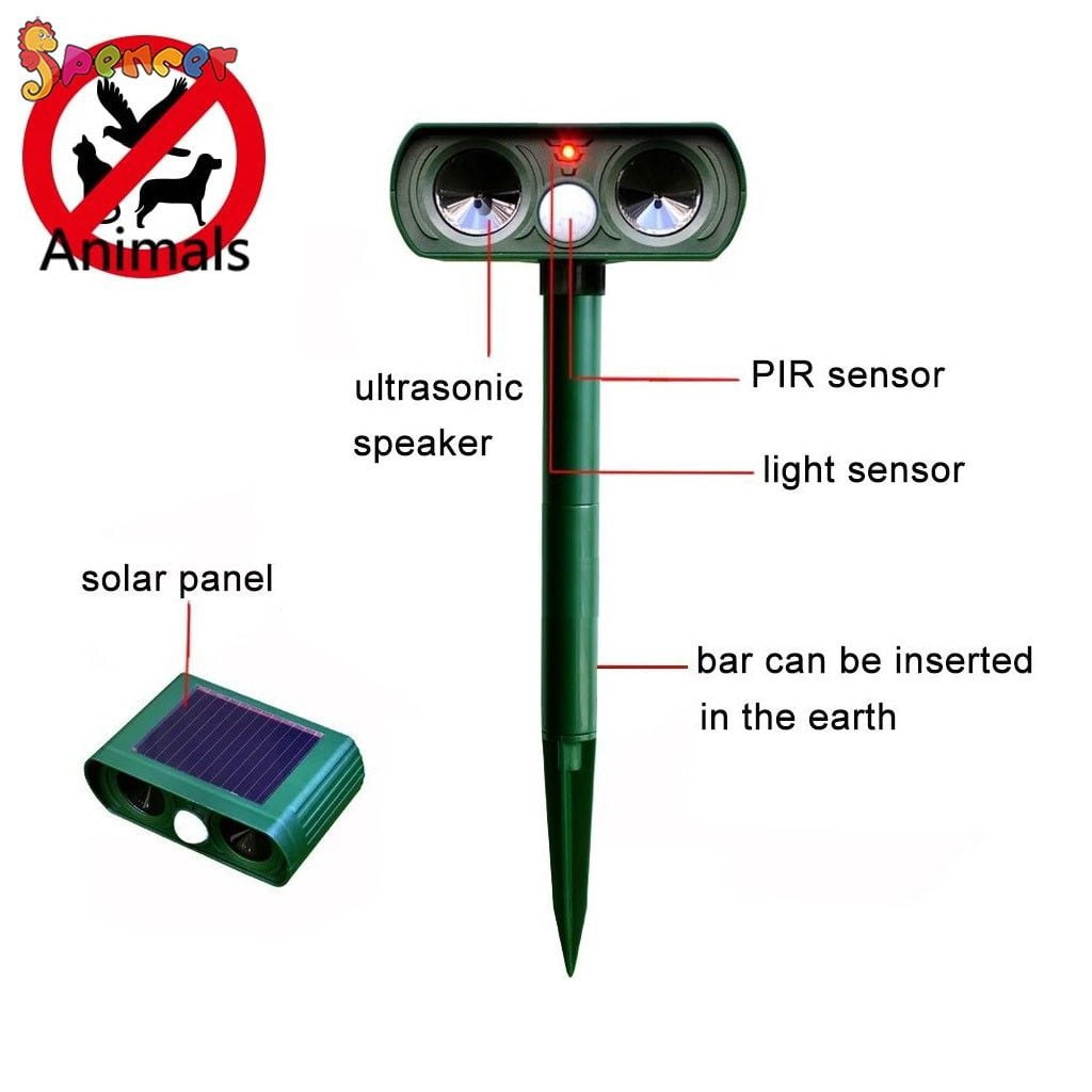 SPENCER Ultrasonic Animal Repeller Solar Power Cat Mice Deer Sensor with Motion Sensor LED Flashing Lights IPX4 Waterproof for Outdoor Farm Garden Yard