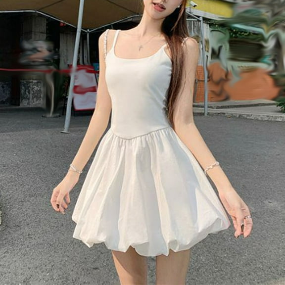 Women's Short Dresses White Under $10 Swing Summer Casual Solid Color Waist Strap Dress