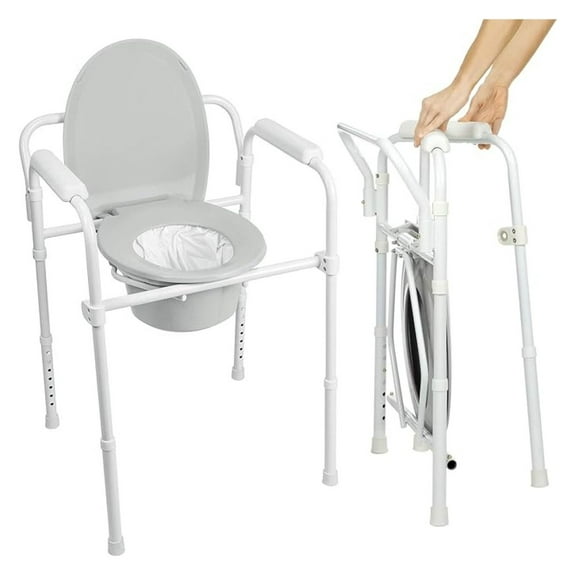 Bedside Commode Toilet Chair (Folding) - 350 lb Capacity, Safety Rail, Shower Chair - 3 in 1 Heavy Duty Bariatric Bucket with Padded Arms, Tight Lid – Portable Seat for Home - Steel