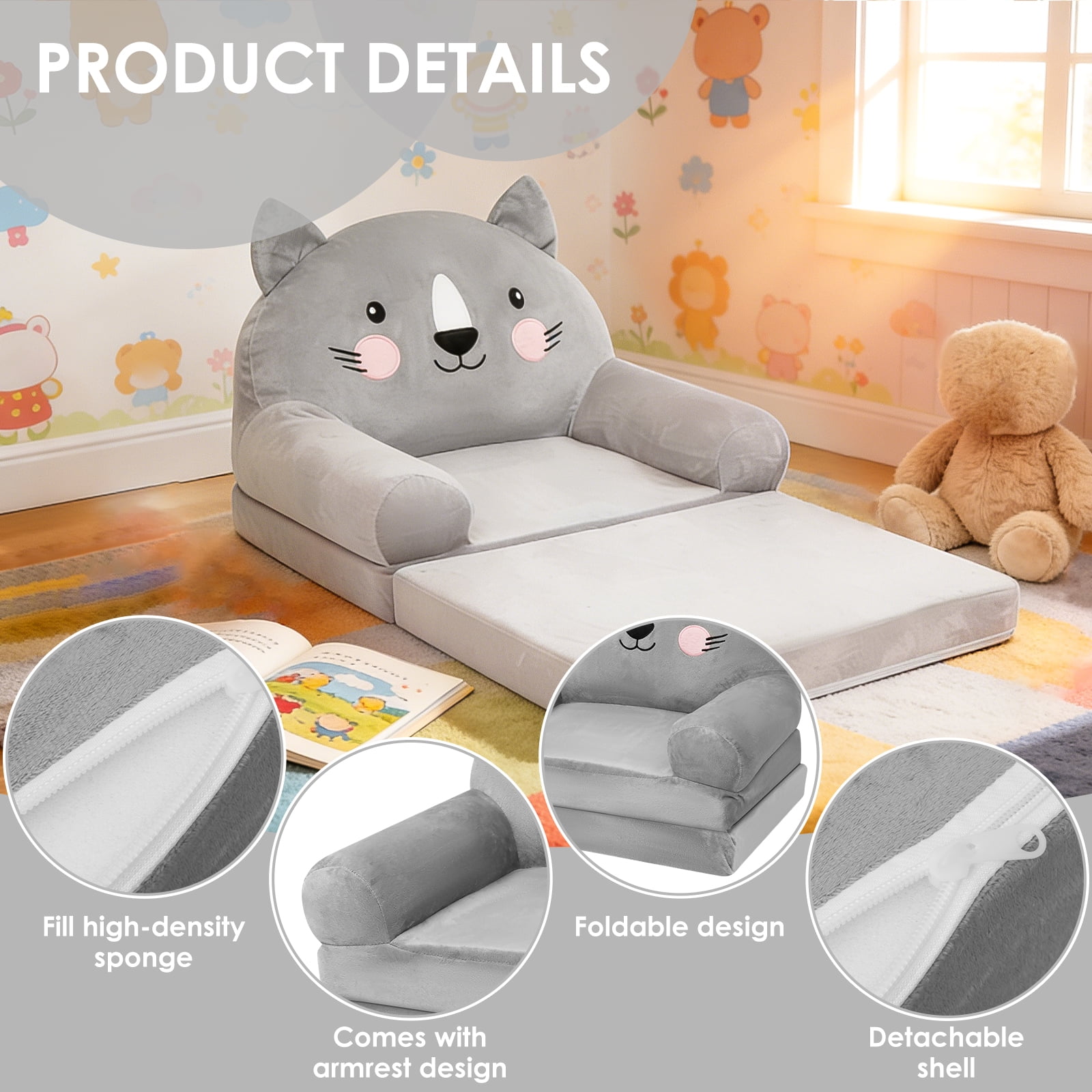 Dznils Toddler Sofa Chair, 2-in-1 Soft Foam Flip Open Kids Couch Lounger Comfy, Ages 1+, Gray Cat