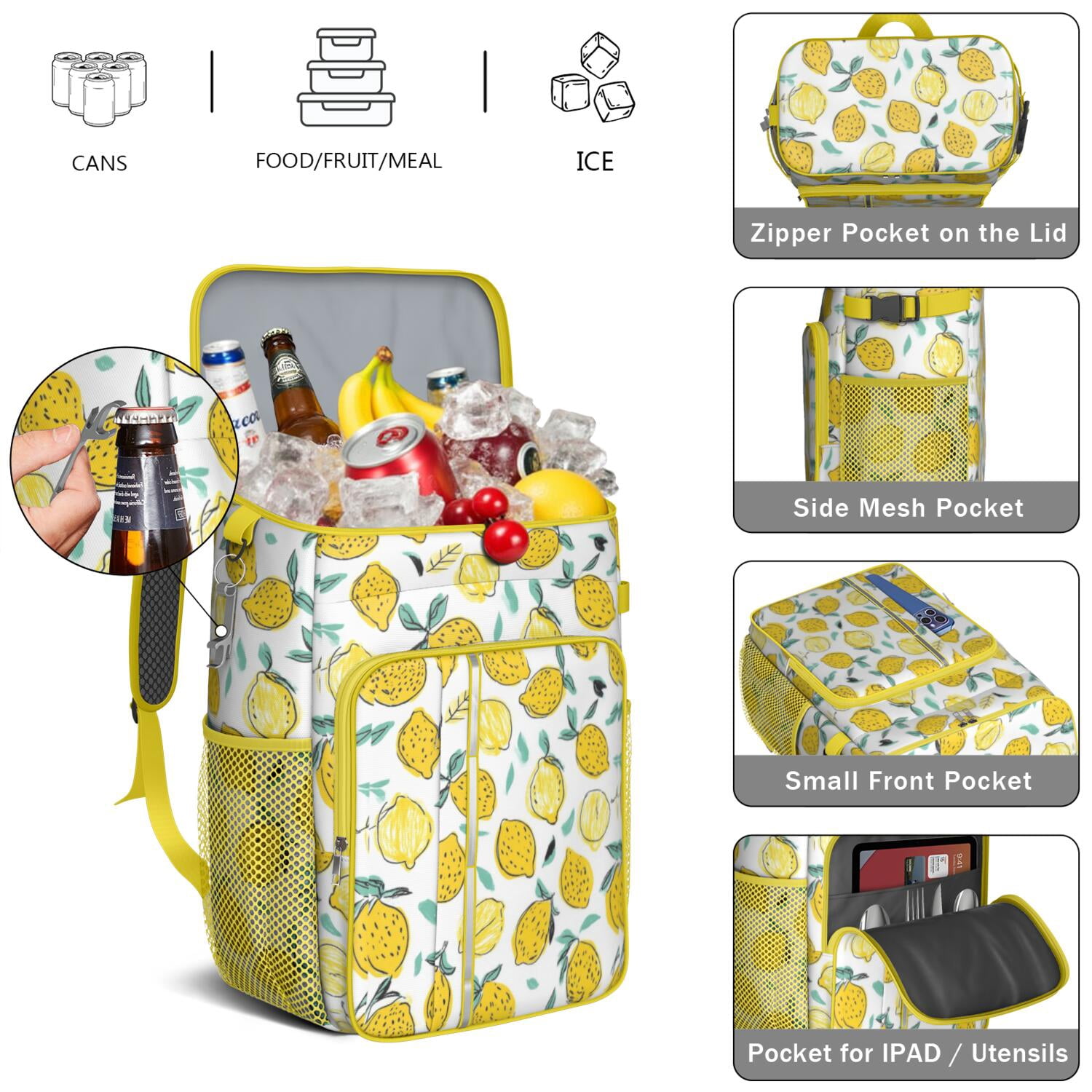Travel Cooler Bag - Lemon Camping Beer Cooler Backpack with Bottle Opener- Waterproof Insulated Picnic Backpacks - Cooler Bag for Beach
