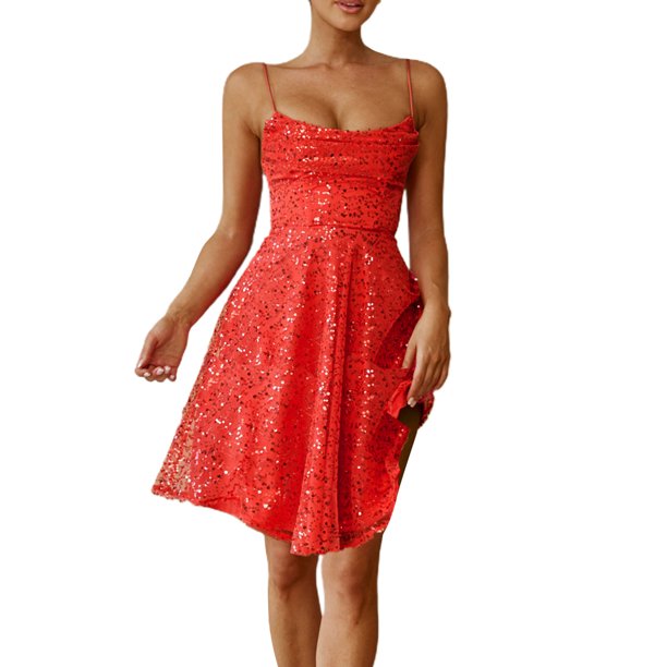 Lucakuins mujeres verano Casual A-line vestido lentejuelas sin mangas espalda descubierta Mini vestido moda fiesta Cami vestido Lucakuins moda
