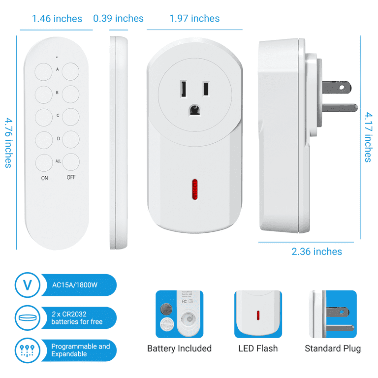 Wireless Remote Control Plugs+ Switch, 1800w/15a Sockets, 120V, 40m/130ft Range, 3 SURNICE Outlets + 1 Remote, White