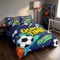 thumbnail image 2 of Manfei Cartoon Football Queen Bedding, Sports Goal Time Print Bedding Comforter Set Queen, Royal Blue Gold, Navy Reversible 7pcs, 2 of 6