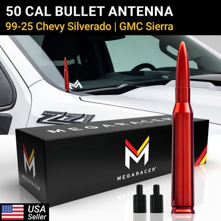 Mega Racer Red 50 Cal Bullet Antenna for 1999-2026 Chevy Silverado & GMC Sierra – Short Truck Antenna Replacement
