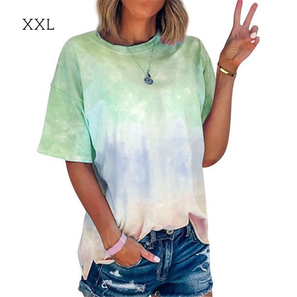 Camiseta de mujer Tie Dyed Causal Top Blusa de cuello redondo de manga corta, verde, XXL Methold AP001629-08