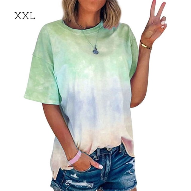 Camiseta de mujer Tie Dyed Causal Top Blusa de cuello redondo de manga corta, verde, XXL Jumpingount AP001629-08