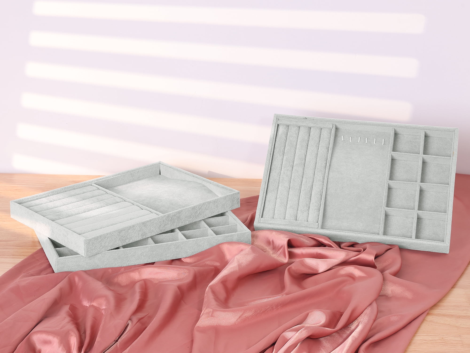 Unique Bargains Velvet Jewelry Organizer Trays with Removable Dividers Grey