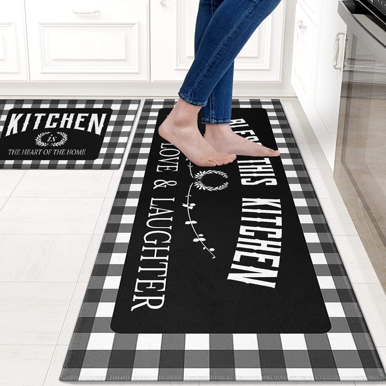 Black Kitchen Rugs and Mats Sets of 2, Funny Kitchen Decoration Rubber Backing Non-Slip Absorbent Mats for Sink Waterproof Runner Rug for Laundry Room 17x30+17x48inch