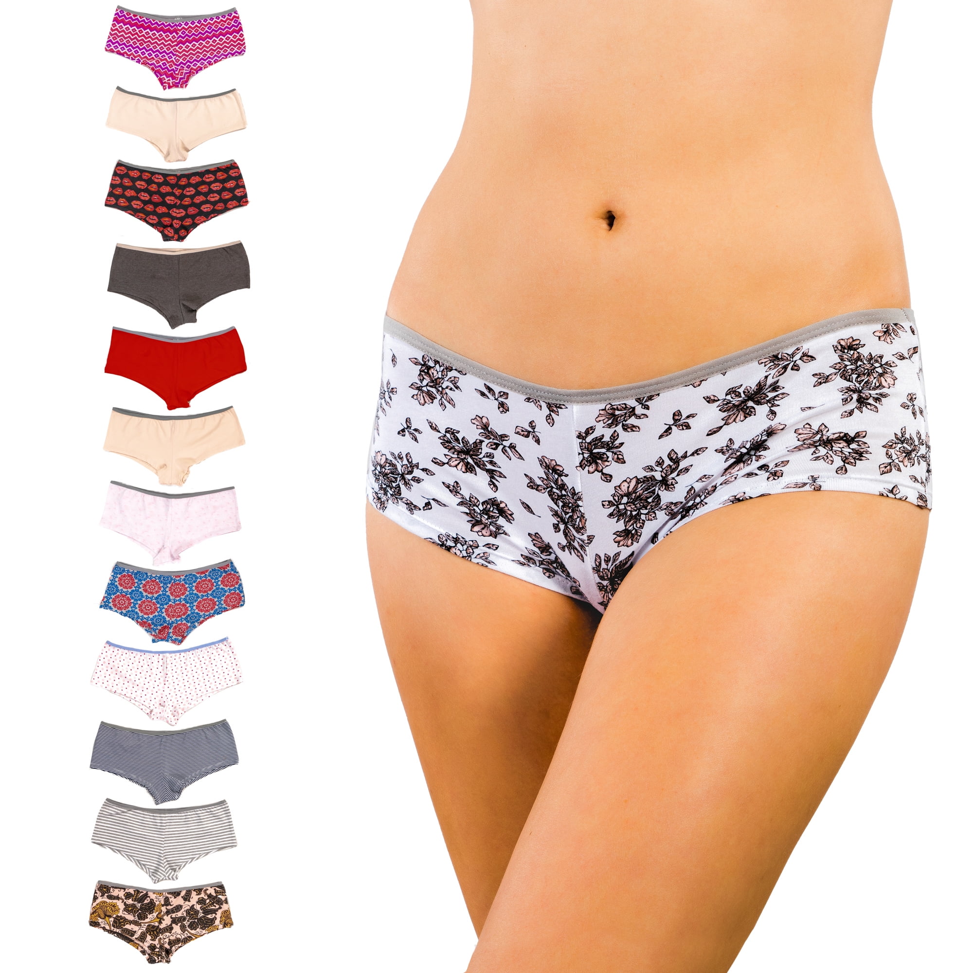 Alyce Intimates Women’s Cotton Boyshort Panties, 12 Pack, Assorted