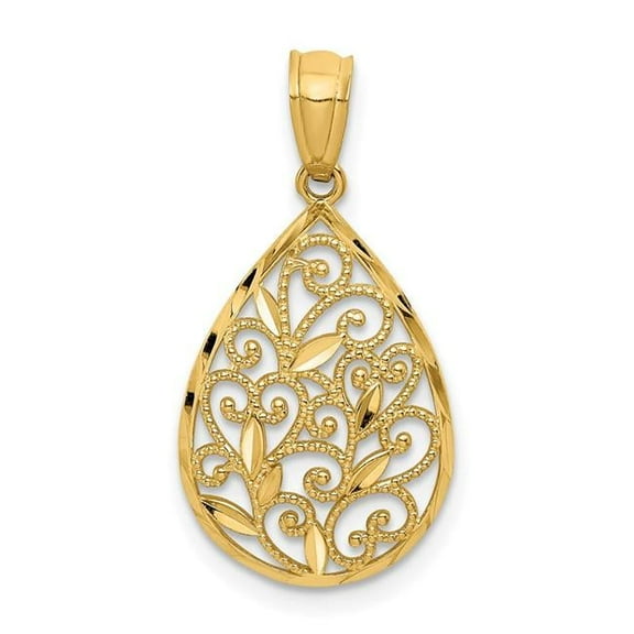 Finest Gold 14K Yellow Gold Polished Textured Small Filigree Teardrop Pendant