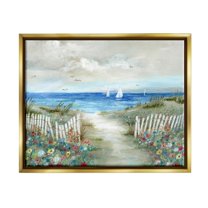 Stupell Industries Tranquil Beachside Flower Meadow Ocean Sailboats Scene Painting Metallic Gold Floating Framed Canvas Print Wall Art, Design by Nan