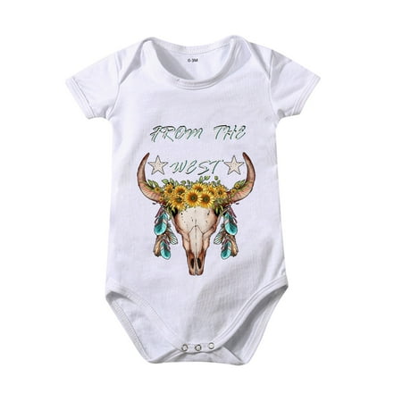 

Boys And Girls Cartoon Print Of Bull Head Short Sleeved Crawl Clothes Summer Solid Color 0 To 24 Months Kids 0-3 Months