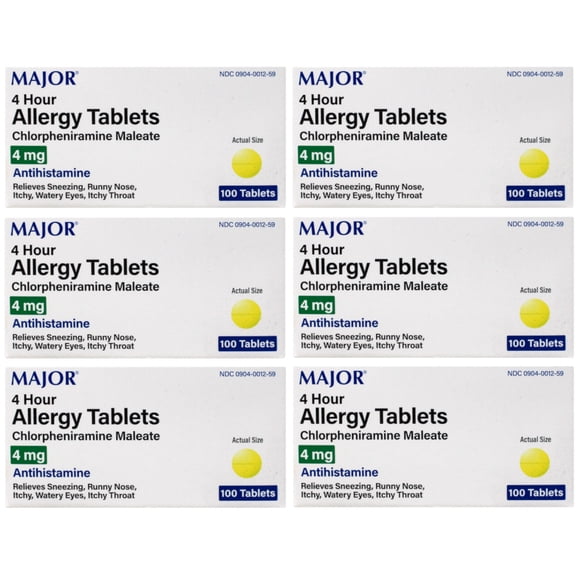 Major 4-Hour Allergy 100 Ea 4mg Tablet Form , Antihistamine OTC Medicine, 6-Pack