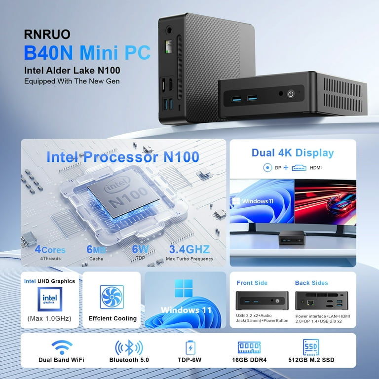RNRUO Mini PC 16GB DDR4 512GB SSD, Intel N100 up to 3.4GHz