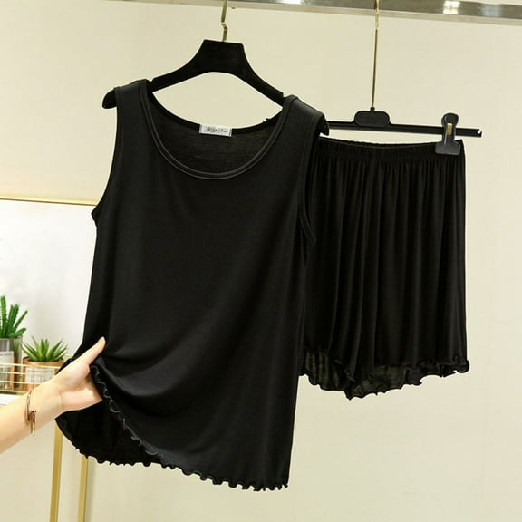 HongQid Women 2 Piece Sets Summer Sleeveless Top and Shorts Modal Cotton Pajama Sets Black XL