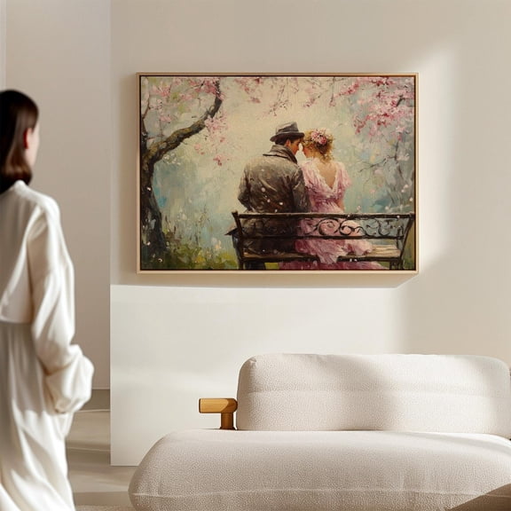 Romantic Couple Under Cherry Blossom Tree - Love Art, Vintage Impressionist Wall Decor, Serene Spring Scene With Bench Wall Art, Modern Wall Decor, 8x12 UNFRAMED