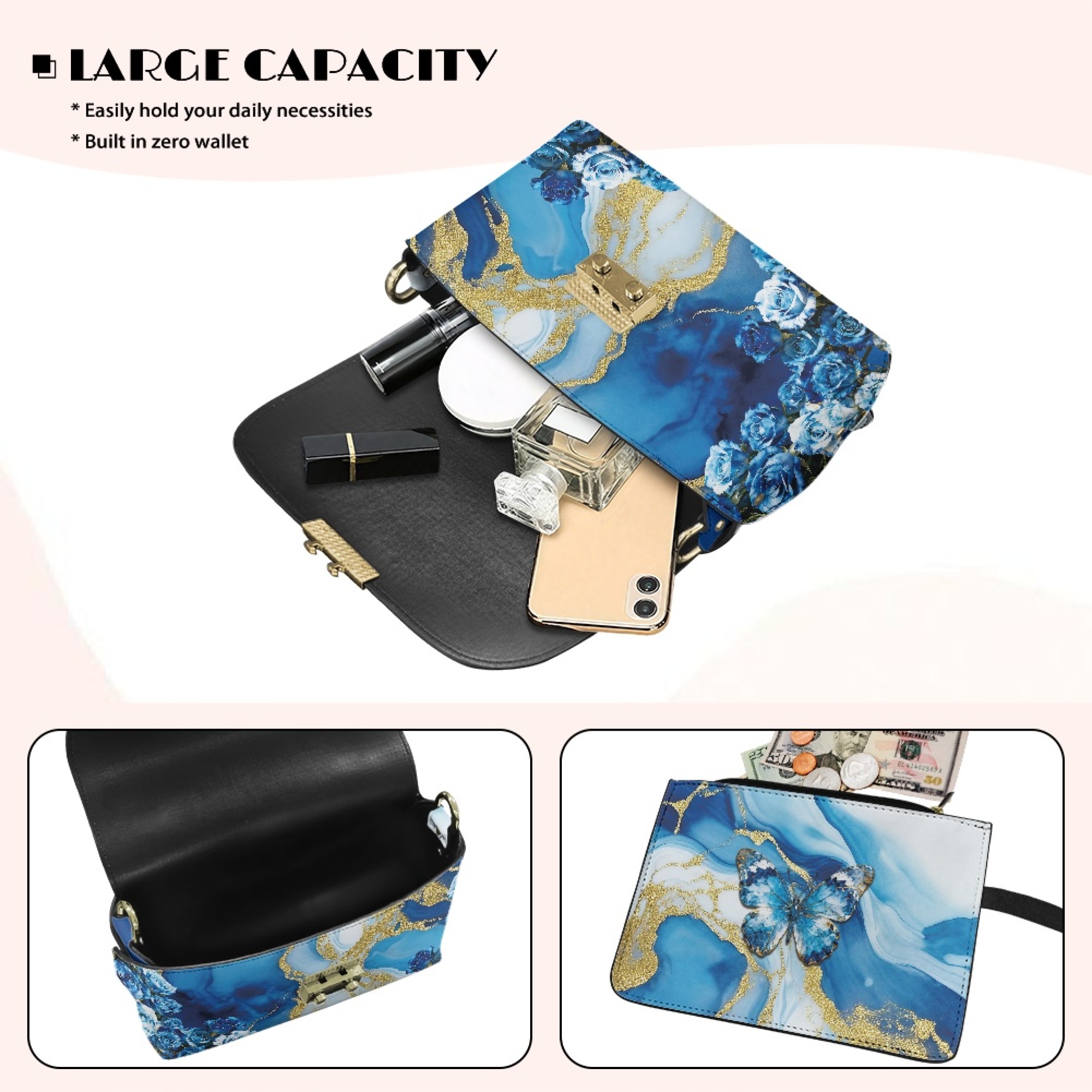 TSOVTHRID Leather Crossbody Purse for Women Waterproof Shoulder Purse with Detachable Chain Small Crossbody Bags Handbags for Travel Party, Blue Butterfly Rose Marble Texture Print