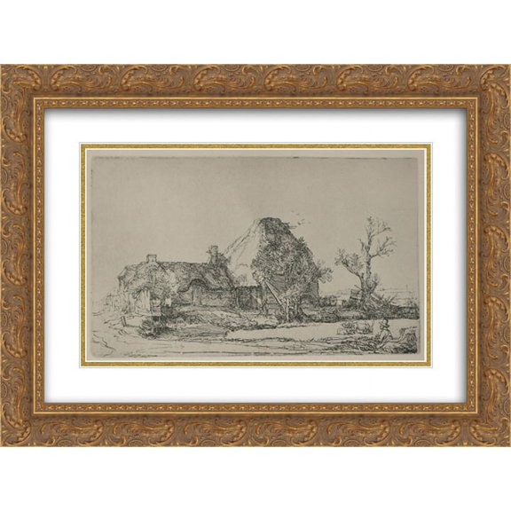 Rembrandt 2x Matted 24x18 Gold Ornate Framed Art Print 'Landscape with a Man Sketching a Scene'