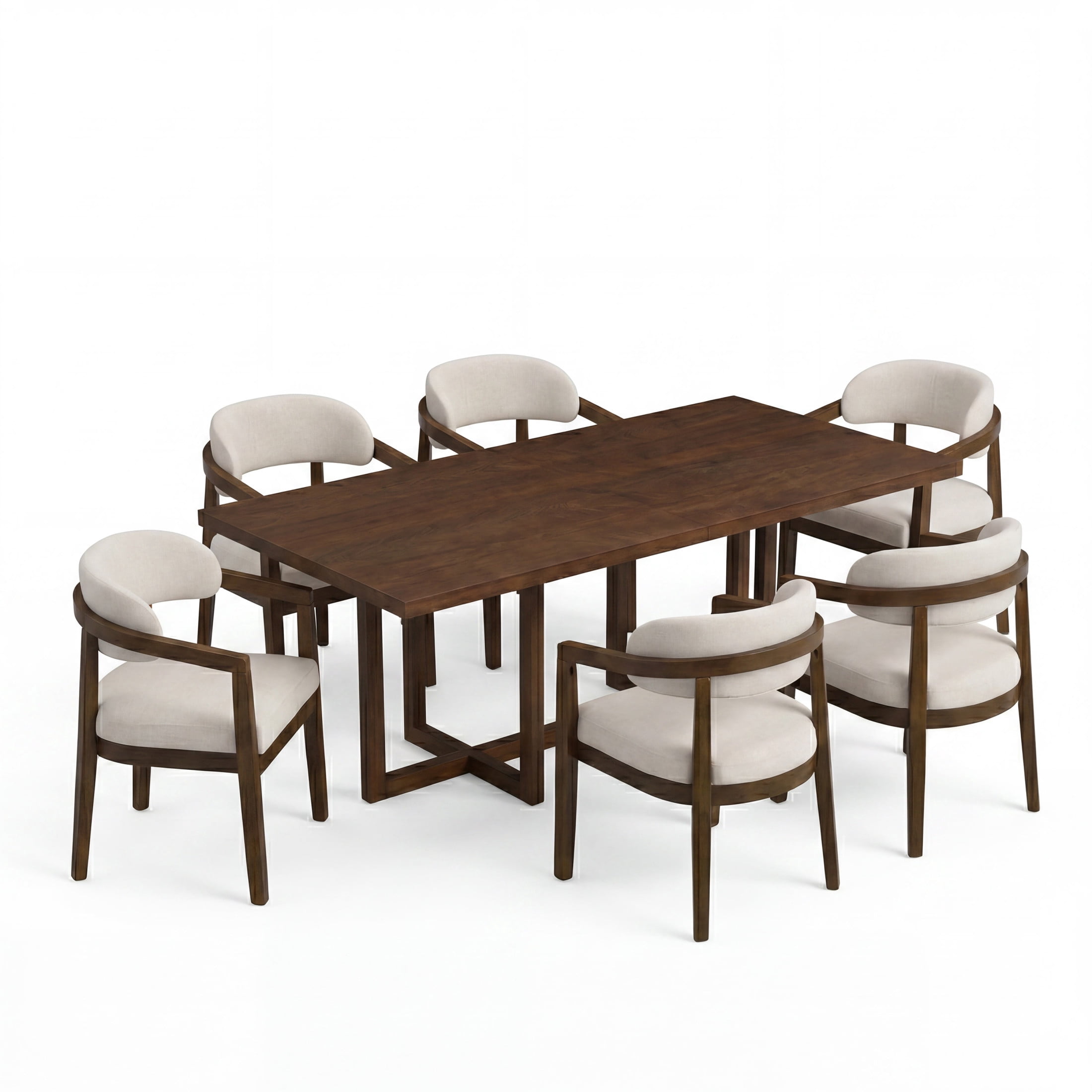 Christopher Knight Home 7-Piece Dining Set, 95" Table with Upholstered Open-Back Chairs, Walnut+Beige