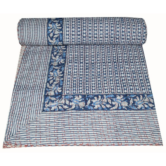 Indian Hand Block Print Kantha Quilt Cotton Kantha Throw Kantha Blanket Handmade Quilt Double Size Kantha Bedspread Dots Print