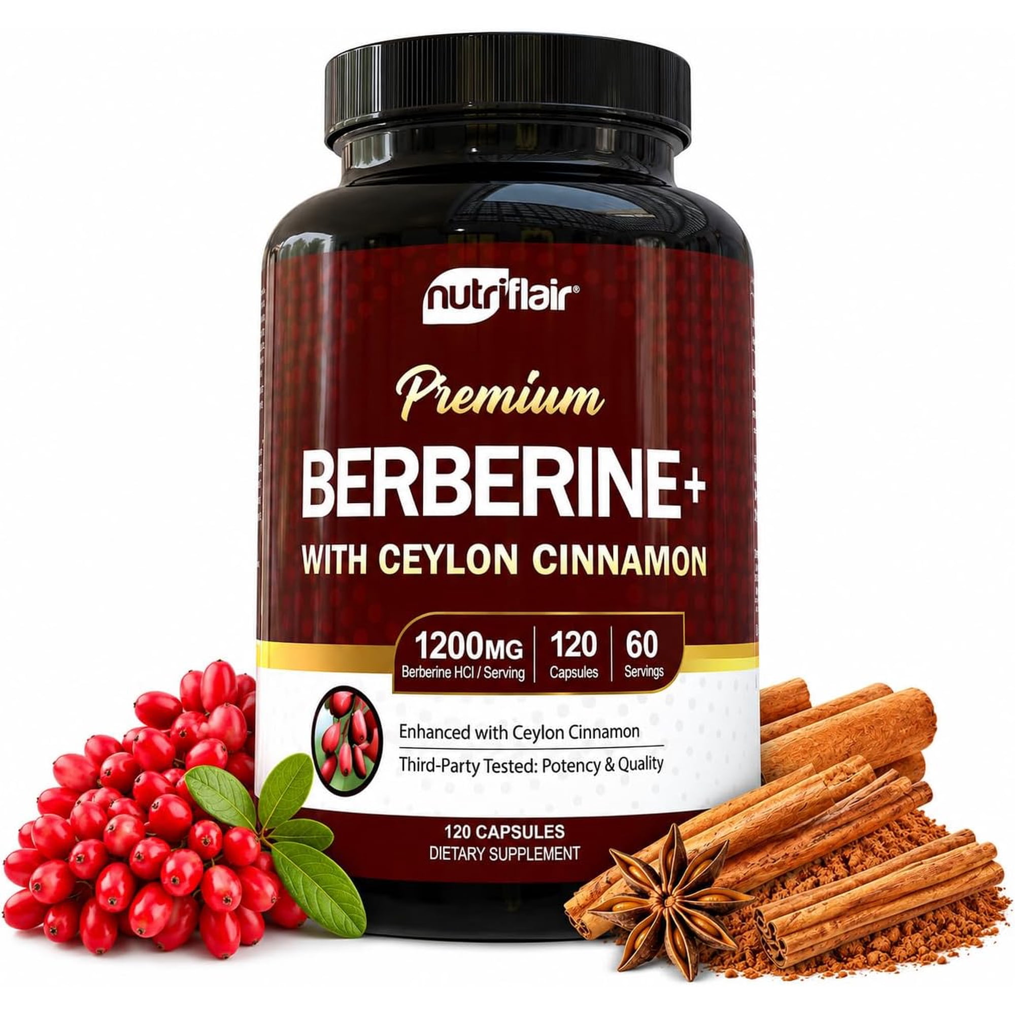 NutriFlair Berberine HCl 1200mg with Ceylon Cinnamon, 120 Capsules – High Potency Berberine Supplement, Non-GMO, Made in USA, 2-Month Supply