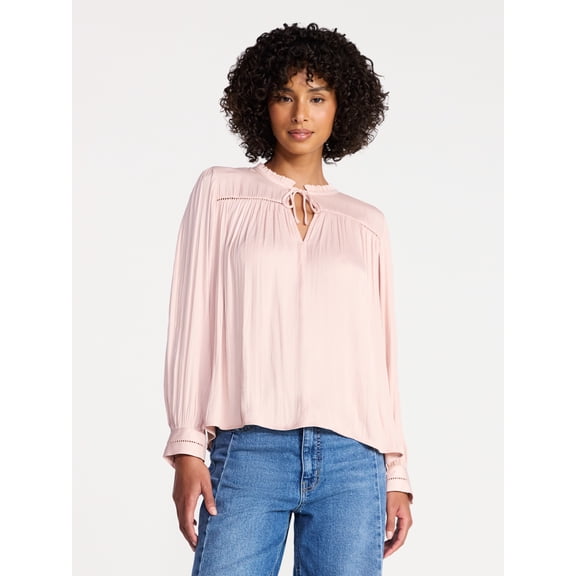 Time and Tru Women's Soft Ruched Yoke Blouse with Long Sleeves, Sizes XS-XXXL