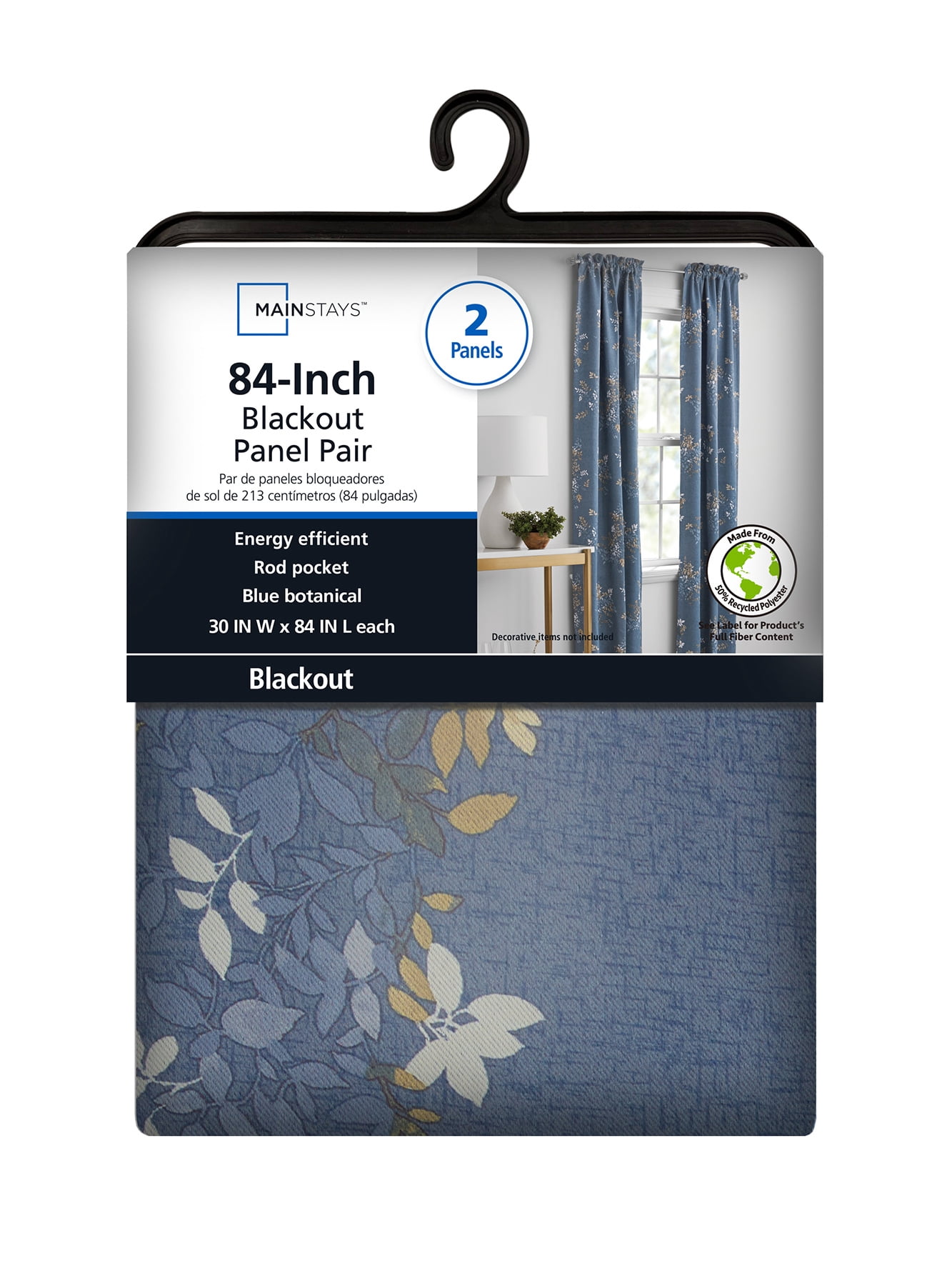 Mainstays Blackout Curtain Panel Pair, Set of 2, Botanical Print Blue, 30"W x 84"L