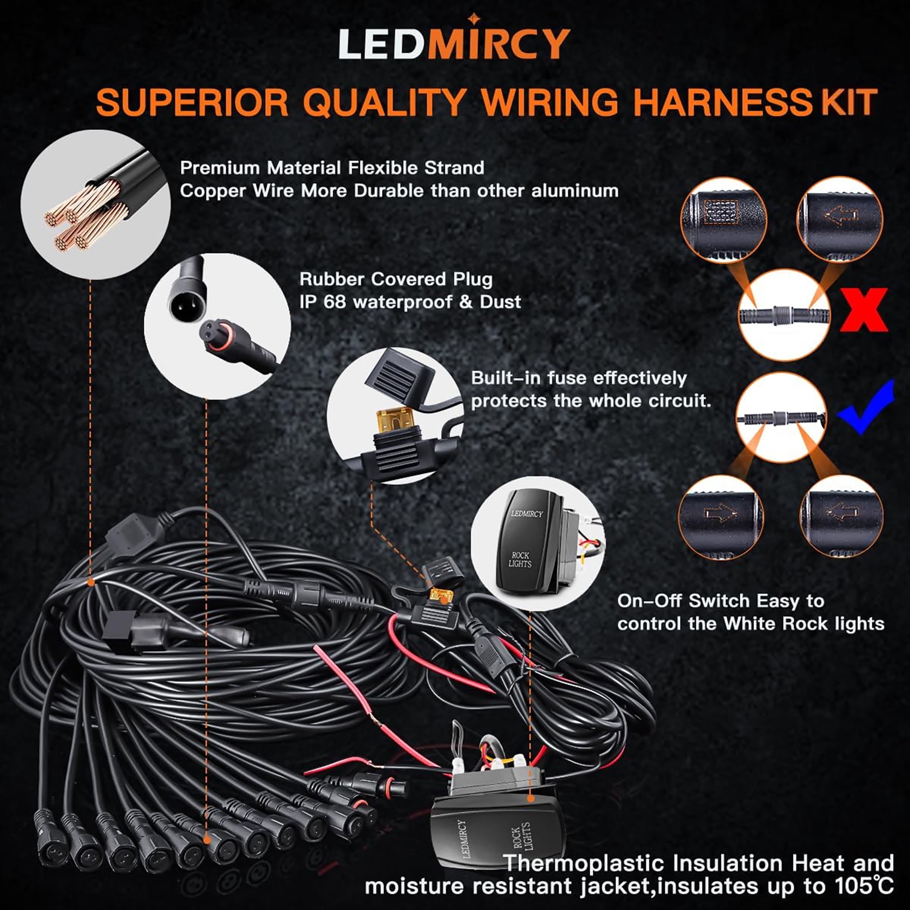 LEDMIRCY R1 Pure White Rock Lights 16PCS with Switch Wiring Harness, High Power Waterproof Underglow for Utv Atv off Road Trucks