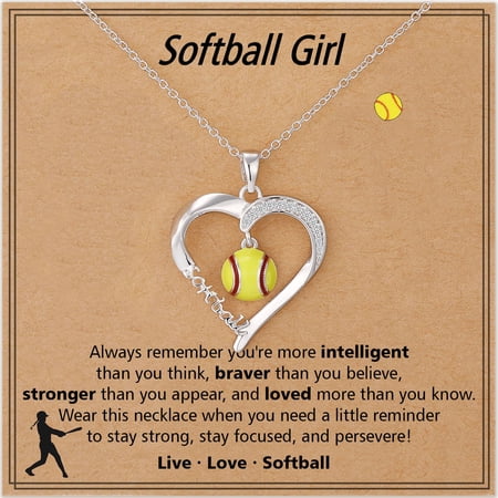 LUNVKY 18K White Gold Plated Softball Themed Love Heart Necklaces for Girls CZ Pendant Chain Birthday Graduation Jewelry Gifts Teen Her Mom Girlfriend Daughter Kids Team Game Day Sports Athlete